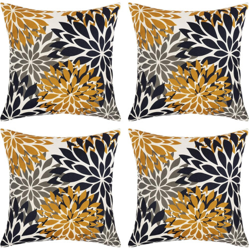 Fodere per cuscini decorativi con stampa floreale blu e gialla, set da 4 pezzi, 45x45 cm