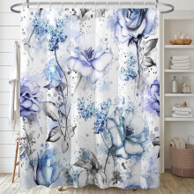 Blue and Grey Watercolor Flower Shower Curtain Set with 12
