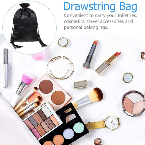 Tassel Drawstring Bag Black Satin Toiletry Pouch Compact Multi-function Storage Organizer Suitable 1