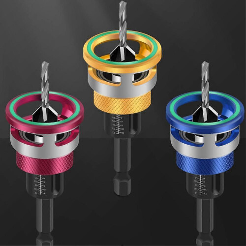 (Golden) Smart Depth Stop Drill Set 4pcs - Carbon Steel Countersink Bits Adjustable Stop 1