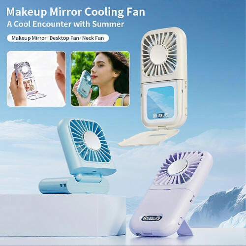 (blue) Foldable Neck Fan ZK13 - ABS PCBA 100 Speed Settings LED Makeup Mirror 1