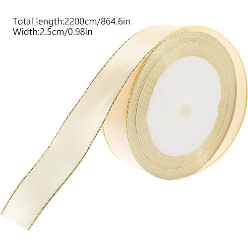 Beige polyesterband med guldkant, 22 meter lång rulle, bekväm textur 1