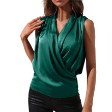 Women's Wrap V Neck Sleeveless Satin Blouse Elegant-Green M