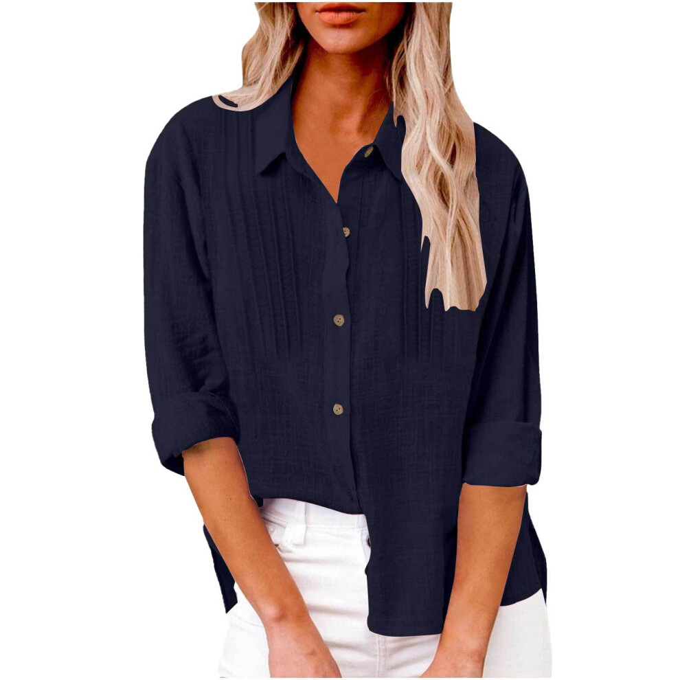 Blue Women's Elegant Linen Cotton Lapel Neck Fold-Navy Xxxl