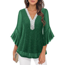 Women 3/4 Sleeve Sparkling Shirt Pullover Top for-Army Green S