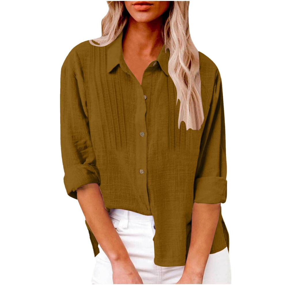 Women's Elegant Linen Cotton Lapel Neck Fold Shirt-Camel XXL
