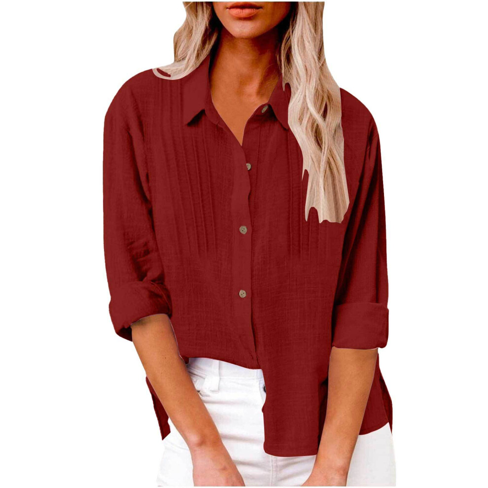 Red Women's Elegant Linen Cotton Lapel Neck Fold Shirt-Dark S