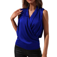 Women's Wrap V Neck Sleeveless Satin Blouse Elegant-Blue M