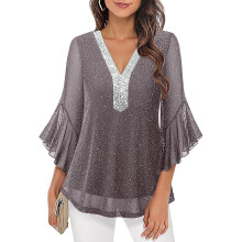 Women 3/4 Sleeve Sparkling Shirt Pullover Top for-Gray XXL