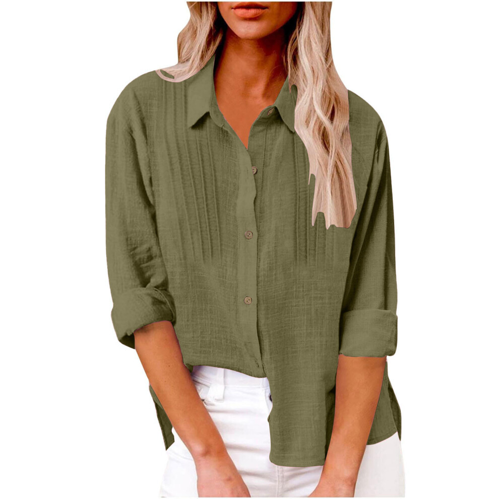 Green Women's Elegant Linen Cotton Lapel Neck Fold Shirt Long- L