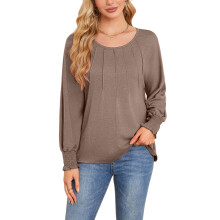 Womens Long Sleeve Shirts Pleated Casual Blouses with-Khaki S