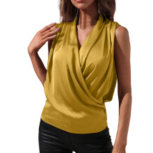 Women's Wrap V Neck Sleeveless Satin Blouse Elegant-Yellow M