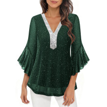 Women 3/4 Sleeve Sparkling Shirt Pullover Top-malachite green S