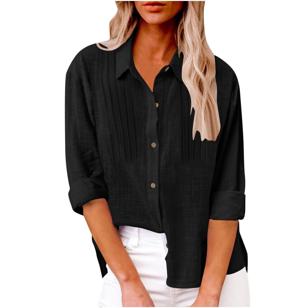Black Women's Elegant Linen Cotton Lapel Neck Fold Shirt Long- L