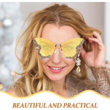 Ochelari de soare vintage cu fluture din rășină pentru femei, ochelari mari fără ramă galbenă cu strasuri