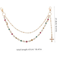 Chaîne de pantalon en fausses perles avec perles de fleur et pendentif croix en strass colorés, accessoire de taille léger en métal.
