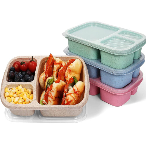 Lunchbox-Set aus Weizenstroh, 4-teilig, 3 Fächer
