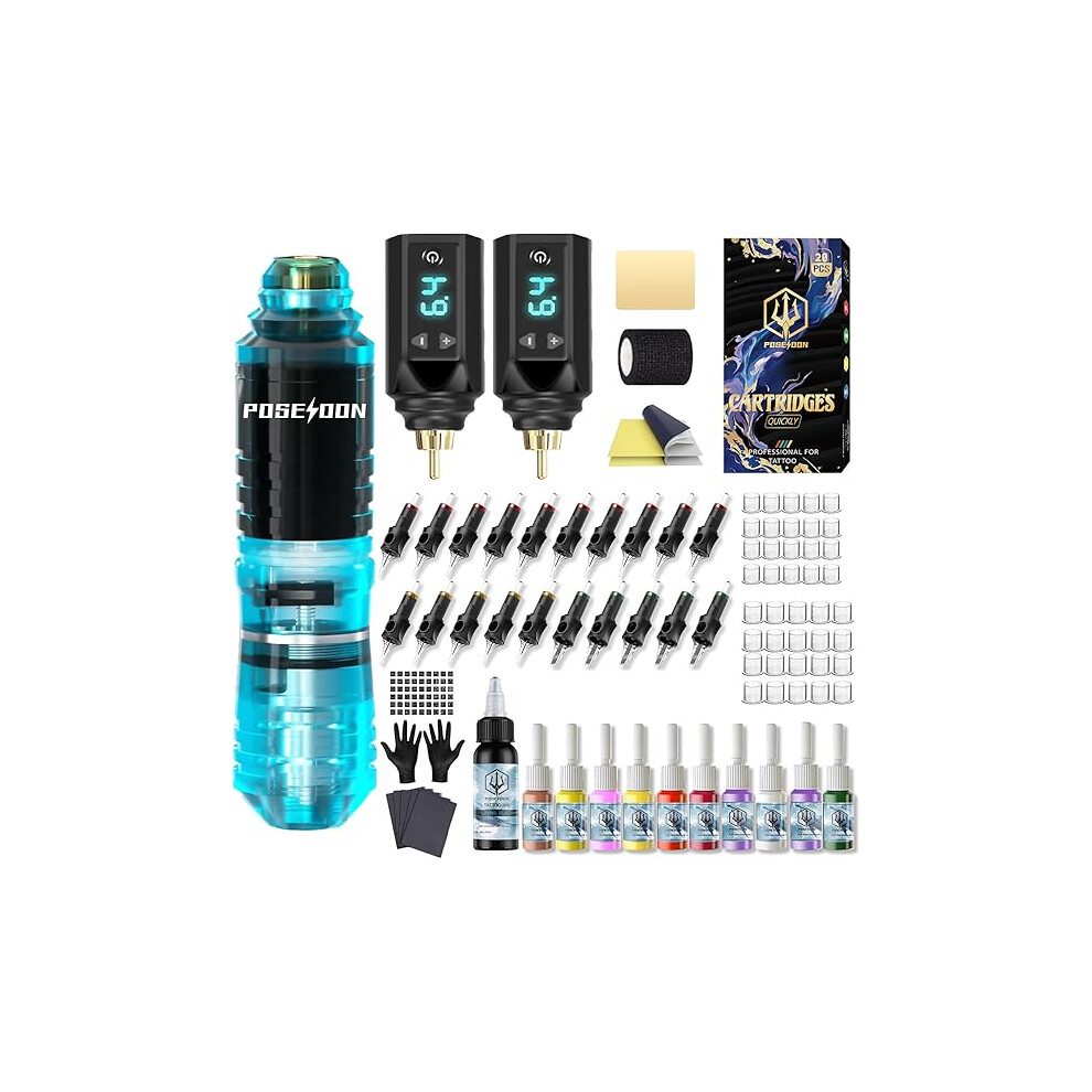 Wireless Rotary Tattoo Machine Kit with 20 Tattoo Cartridge Needles, Ink Set & 2 Rechargeable Batteries | Professional Portable Tattoo Pen