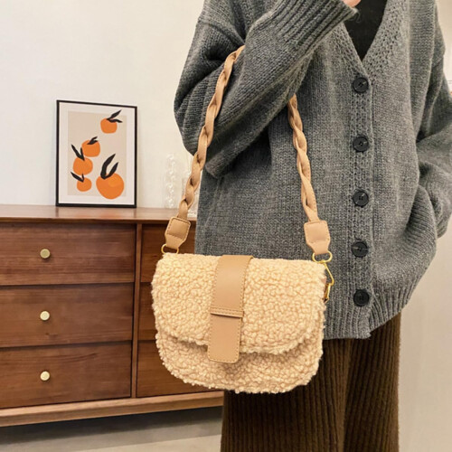 Damen Khaki Polyester Plüsch Umhängetasche mit Stauraum 2