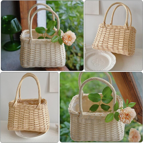 Cesto de flores de ratã tecido à mão com design de alça e base plana 2