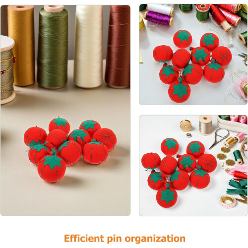 Kit da cucito con 12 pezzi a forma di pomodoro simulato, ago e puntaspilli rossi 2