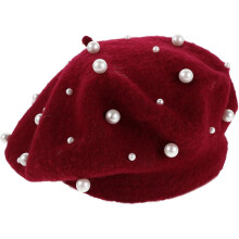 Imitationsperlen-Baskenmütze, französische Baskenmütze mit Kunstperlen für Damen, Winter, Freizeit und festliche Anlässe, Rot