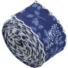 Nastro in denim con bordo in pizzo, largo 3,8 cm, colore blu scuro, con cuciture bianche.