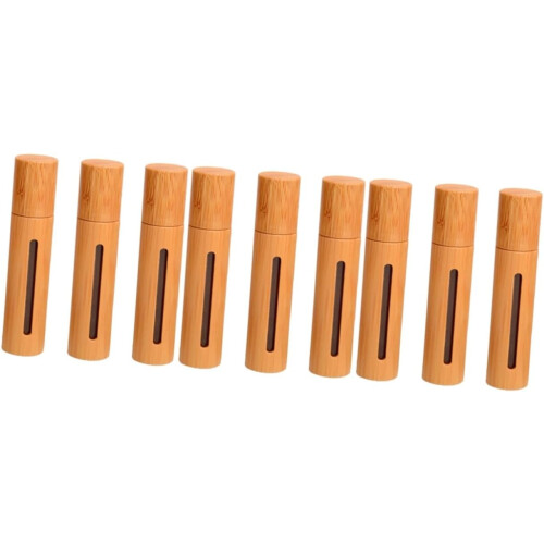 9pcs Refillable Perfume Roll Bottle Bamboo Cover Window Empty Bottle Stainless Steel Roller Ball