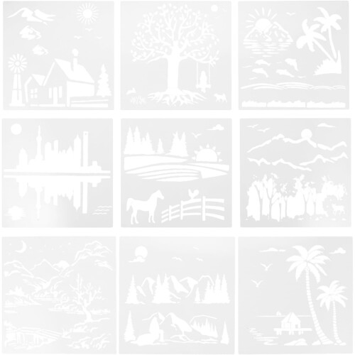 Landscape Paint Stencils 9pcs Set 20cm Reusable Plastic Drawing Templates