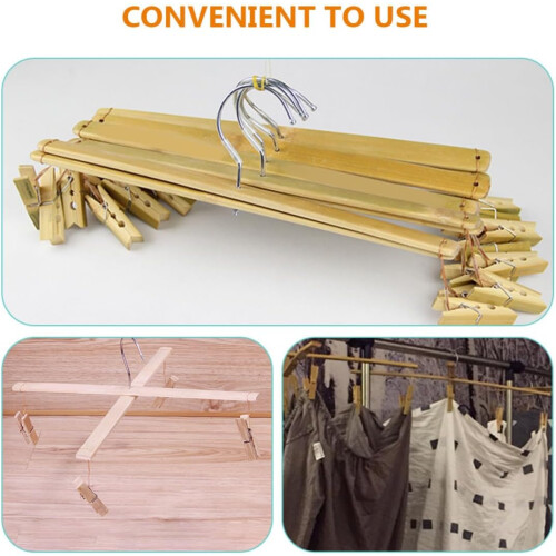 2pcs Bamboo secando rack meia cabides com 4 clipes material natural de bambu impede roupas 2