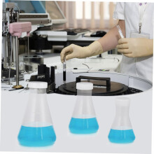 Lot de 6 flacons Erlenmeyer coniques en plastique pour expériences de chimie et laboratoire scientifique.