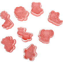 8 stuks koekjesvormen in de vorm van dieren, creatieve bakvormen, PP-materiaal, roze, glad oppervlak.