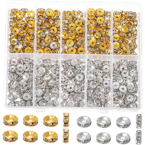 600 Stück Schmuck-Abstandsperlen mit Strassglitzer, Metall-Abstandsperlen