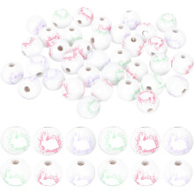 60pcs Easter Bunny Wooden Beads DIY Craft Supplies with Purple Green Pink Tassel Cord