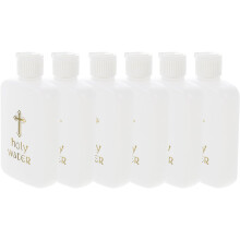 Lot de 6 bouteilles d'eau bénite vides en plastique étanche, blanches et dorées, prêtes à être remplies.