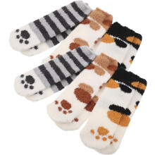 6 Paar Damen-Socken aus Korallensamt mit Katzenpfoten-Motiv, mittelhoch, flauschig, für den Winterschlaf, kuschelig warm, dick und rutschfest