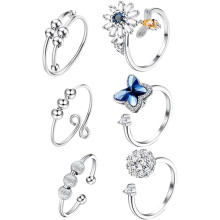 6-teiliges Set verstellbarer, drehbarer Damenringe mit Zirkonia-Blumen- und Bienenverzierung – Fidget-Schmuck
