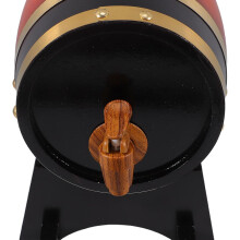 Decanter per birra da tavolo in legno a forma di botte con rubinetto e supporto, in resina marrone.