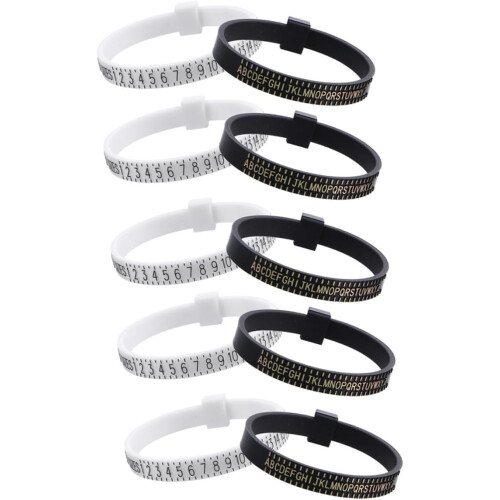 Set di 10 misuratori per anelli da gioiello in plastica, taglie US e UK.