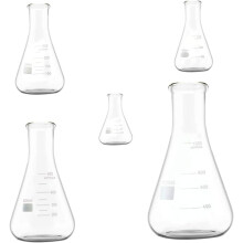 Ensemble de 5 flacons coniques en verre borosilicaté, à col large et épais, de type Erlenmeyer, à fond plat, pour laboratoire.