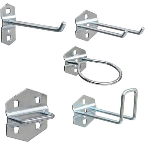 5pcs Iron Tool Hanging Hooks Set for Pegboard Silver Curved and U Shaped Storage Hooks