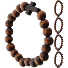 5er-Set braune Holzkreuz-Stretcharmbänder für Damen und Herren – Handgefertigter katholischer Gebetsschmuck aus Perlen
