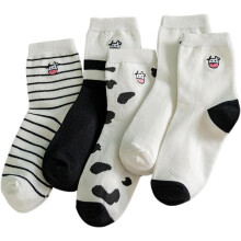 5 Paar Damen-Baumwollsocken, mittelhoch, mit Kuhstickerei, niedliches Cartoon-Muster, warme Strümpfe