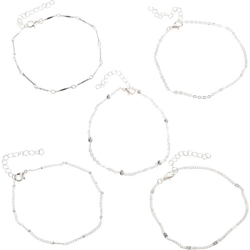 5pcs round Bead Anklet Set Silver Beach Anklets for Women Stackable Womens Jewelry
