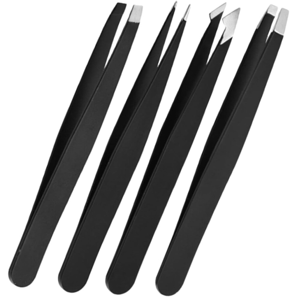 Hkhbjs 4Pcs Stainless Steel Black Eyebrow Tweezers Precision Tweezers For Facial Hair Removal For Women And Men