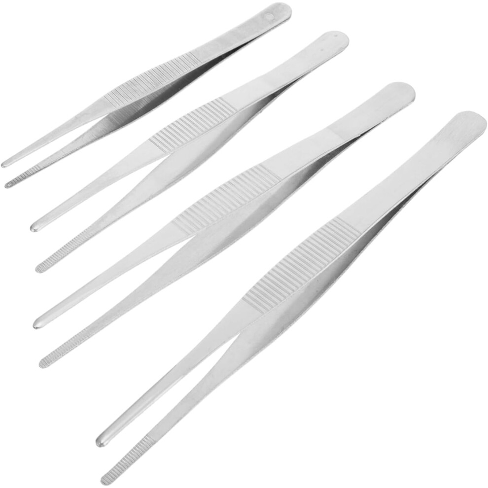 Hkhbjs Stainless Steel Tweezers Set 4 Pcs 12.5-18Cm With Serrated Round Tips Thickened Hardened