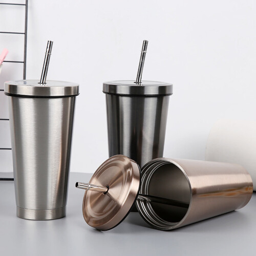 Bicchiere termico in acciaio inox con coperchio antigoccia e cannuccia