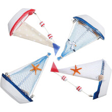 4-delige houten zeilbootmodelset van beige canvas en blauw gaas, grenenhouten nautische bootornamenten.