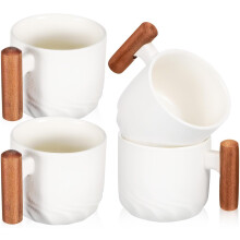 Keramik-Kaffeebecher, Essbecher, weiß mit Holzgriff, 4 Stück