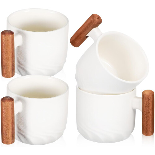 Keramik-Kaffeebecher, Essbecher, weiß mit Holzgriff, 4 Stück
